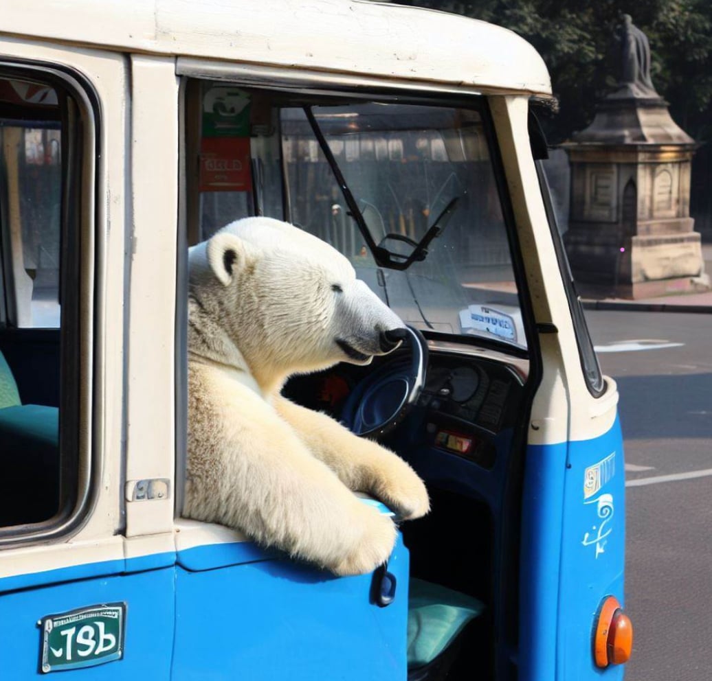A polar bear sitting in the driver seat of a bus, but not driving it, hands resting on door, window of door is completely open